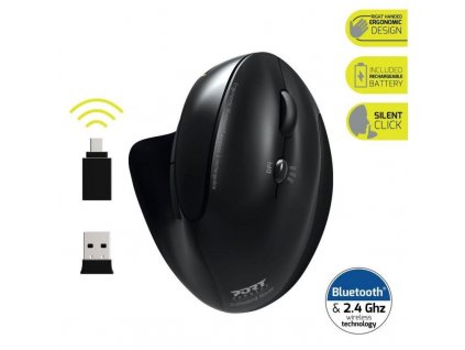 PORT vertikální bezdrátová ergonomická myš, BT, 2,4 GHz, USB-A/C, pro praváky, černá 900706-BT