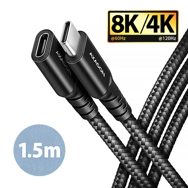 AXAGON BUCM32-CF15AB predlžovací kábel USB-C (M)  USB-C (F), 1.5m, USB 20Gbps, PD 240W 5A, 8K HD, ALU, oplet, čierny Axagon