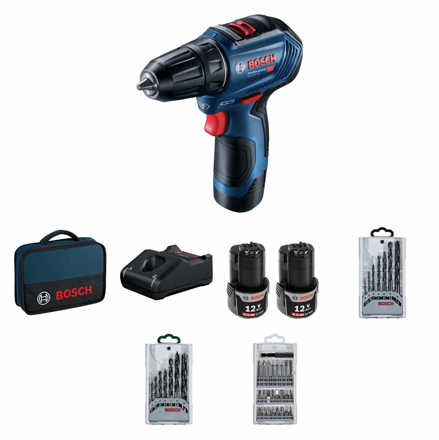 BOSCH GSR 12V-30, akumulátorový vrtací šroubovák, 0 – 420 / 0 – 1.600 ot/min, 8 mm, sada bitů a vrtáků, brašna 06019G9001