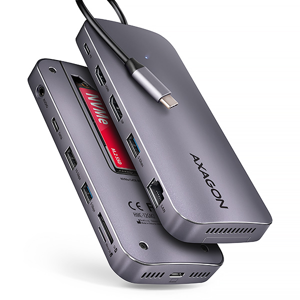 AXAGON HMC-12GM2, USB 10Gbps hub, 3x USB-A, USB-C, HDMI, DP, RJ-45 GLAN, M.2, SD/mSD, audio, PD 100W, kábel USB-C 50cm Axagon
