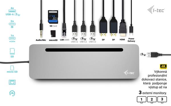 i-tec USB-C Metal Ergonomic 4K 3x Display Docking Station, PD 100W C31FLAT2PDPRO I-Tec