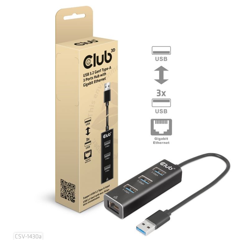 Club3D Rozbočovač, USB-A 3.2 Gen1 na 3x USB 3.1, Gigabit Ethernet CSV-1430a Club 3D