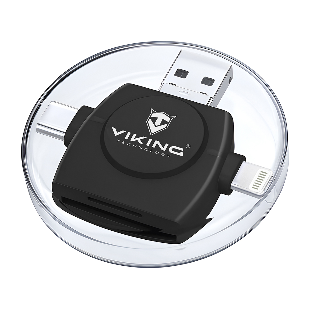 Čítačka pamäťových kariet Viking OTG SD a Micro SD 4v1 s konektorom APPLE Lightning / Micro USB / USB 3.0 / USB-C, čier VR4V1B