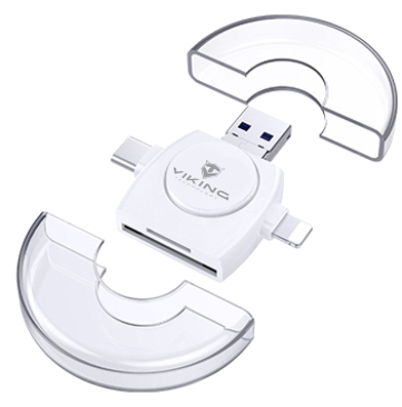 Čítačka pamäťových kariet Viking OTG SD a Micro SD 4v1 s konektorom APPLE Lightning / Micro USB / USB 3.0 / USB-C, biel VR4V1W