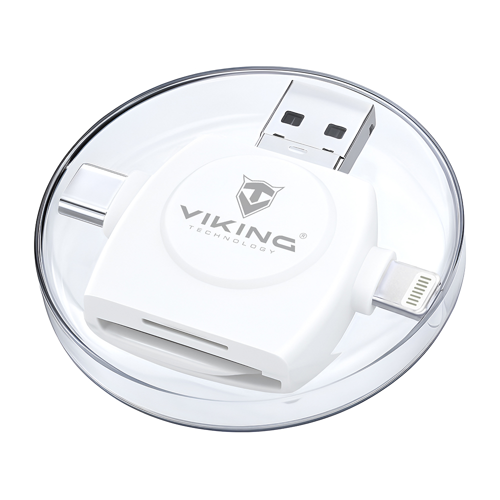 Čítačka pamäťových kariet Viking OTG SD a Micro SD 4v1 s konektorom APPLE Lightning / Micro USB / USB 3.0 / USB-C, biel VR4V1W
