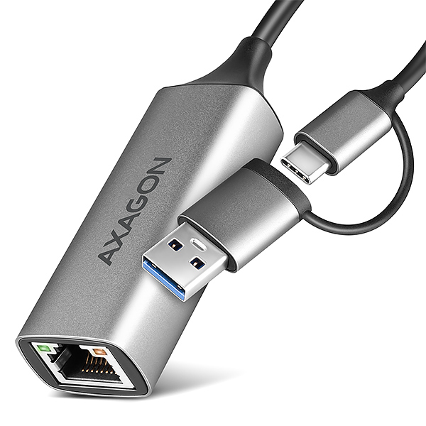 AXAGON ADE-TXCA, USB-C + USB-A 3.2 Gen 1 - Gigabit Ethernet sieťová karta, Asix AX88179, auto inštal Axagon