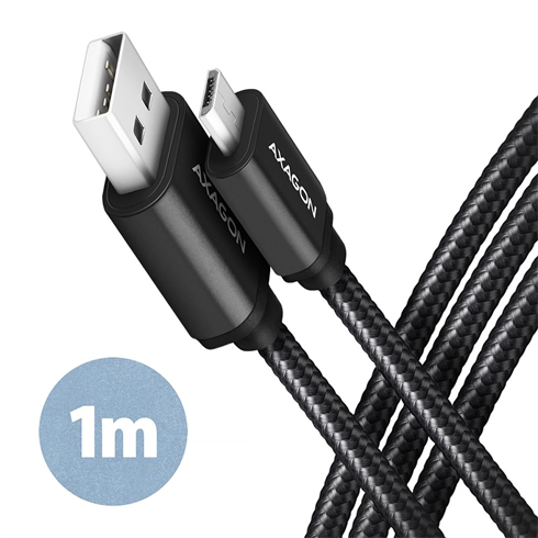 AXAGON BUMM-AM10AB, HQ kabel Micro USB  USB-A, 1m, USB 2.0, 2.4A, ALU, oplet, černý Axagon