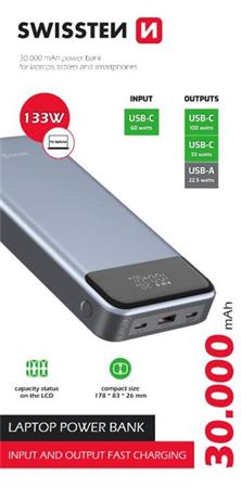 SWISSTEN POWER BANK 30000 mAh 133W POWER DELIVERY GREY 22013917 Swissten