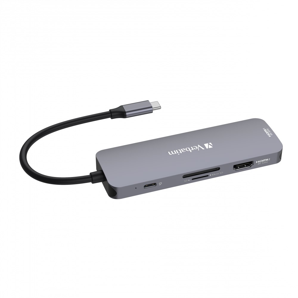 VERBATIM Hub USB-C Pro Multiport 8 Port, 3x USB 3.2, 1x USB-C, 2xHDMI, microSD/SD, šedá 32151 Verbatim