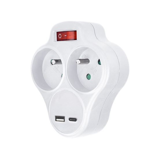 Solight rozbocovac s USB A+C rychlonabíjackou 20W PD, 2 x 10A, biely, vypínac P99USBC-PD20