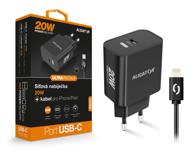 Múdra sieťová nabíjačka ALIGATOR Power Delivery 20W, USB-C kábel pre iPhone / iPad, čierna CHPD0015 Aligator