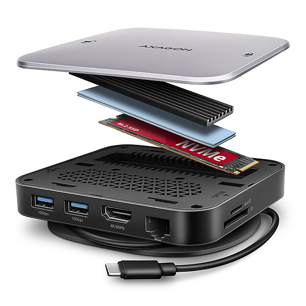 AXAGON HMC-UFO, USB 10Gbps hub, 2x USB-A, USB-C, HDMI 4k/60, RJ-45, M.2 slot, SD/mSD, audio, PD 100W, kábel USB-C 65cm Axagon