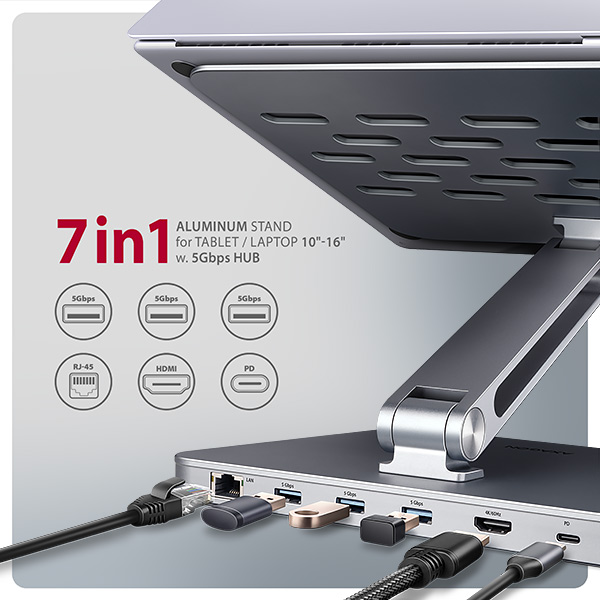 AXAGON HMC-STND, stojan pre 10"-16" notebooky, USB 5Gbps hub, 3x USB-A, HDMI 4k/60Hz, RJ-45, PD 100W, kábel USB-C 60cm Axagon