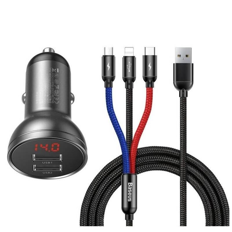 Baseus rýchlonabíjačka do auta 2xUSB 4,8A 24W s displejom + 3v1 kábel čierna 6953156215405 NoName