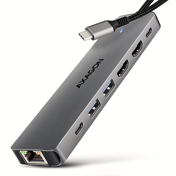 AXAGON HMC-7HX2, USB 5Gbps hub, 2x USB-A, USB-C, 2x HDMI 4k/60Hz, RJ-45 GLAN, PD 100W, kábel USB-C 15cm Axagon