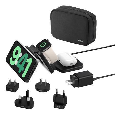 Belkin BOOST CHARGE™ PRO Qi2 3v1 Bezdrátová skládací cestovní podložka pro iPhone/Apple Watch/AirPods, černá + adaptéry WIZ024hqBK