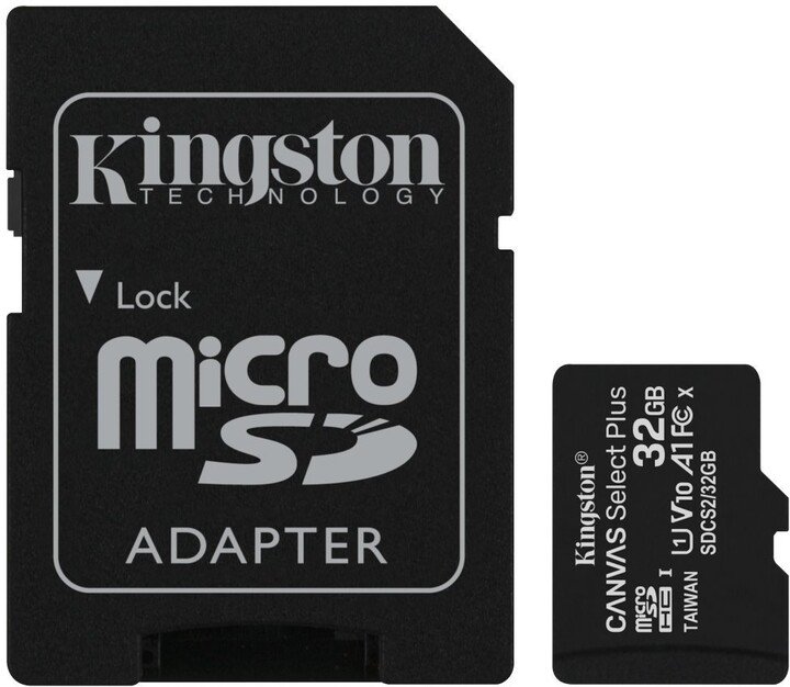 32 GB . microSDHC karta Kingston Canvas Select Plus Class 10 (r/w 100/10 MB/s) + adaptér SDCS2-32GB