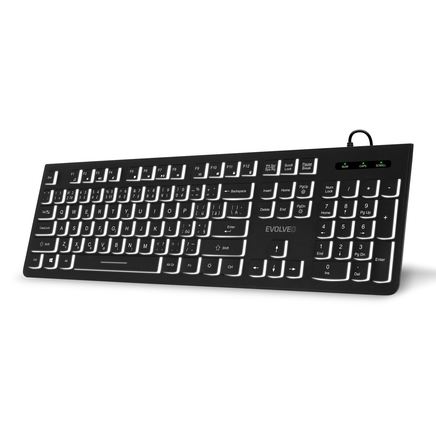 EVOLVEO K1010, tichá klávesnice s bílým podsvícením, CZ+SK, černá K1010-BK-CZ Evolveo