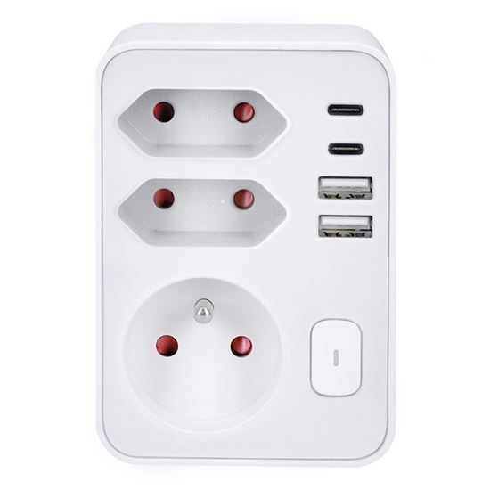 Solight rozbočovač, 1x 16A + 2x 2,5A, 2xUSB A+C, biely, vypínač P109C