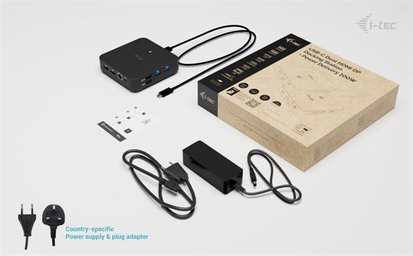 i-tec USB-C DP Dual HDMI Docking Station, Power Delivery 100W + i-tec Universal Charger 100W C31TRIVIDPRO100W I-Tec