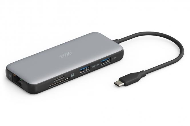 Digitus USB-C dokovací stanice, 8 portů: 2× HDMI, 3× USB 3.0, 1× RJ45, 1× SD, 1× MicroSD, 1× USB-C PD DA-70915