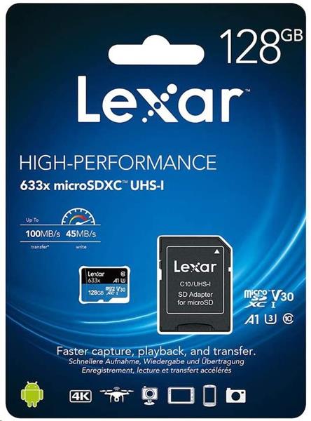 Lexar 128GB Lexar® High-Performance 633x microSDXC™ UHS-I, up to 100MB/s read 45MB/s write C10 A1 V30 U3, Global LSDMI128BB633A