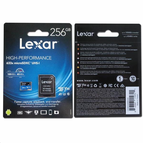 Lexar 256GB Lexar® High-Performance 633x microSDXC™ UHS-I, up to 100MB/s read 45MB/s write C10 A1 V30 U3, Global LSDMI256BB633A
