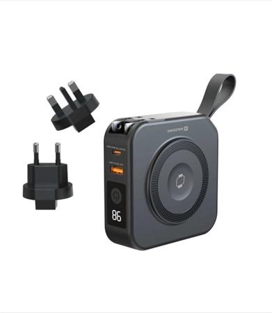 SWISSTEN POWER BANK ALL-IN-ONE PRO S VYMĚNITELNÝMI VIDLICEMI (USA, EU, UK) 10000 mAh 20W ČERNÁ 22013978 Swissten