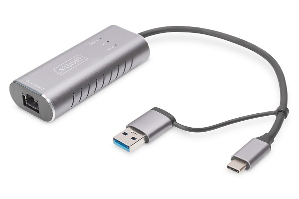 DIGITUS USB Type-C™ Gigabit Ethernet Adapter 2.5G, USB-C™ + USB A (USB3.1/3.0) DN-3028 Digitus