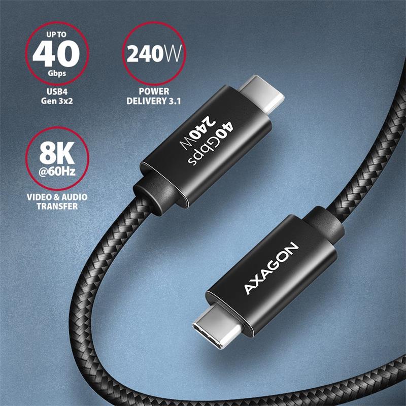 AXAGON BUCM4X-CM05AB NewGEN+ kábel USB-C  USB-C, 0.5m, USB4 Gen 3×2, PD 240W 5A, 8K HD, ALU, opletenie, čierny Axagon