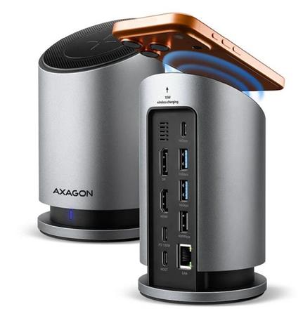 AXAGON HMC-WL9, USB 10Gbps hub s Qi, 3x USB-A, USB-C, HDMI & DP 4k/60Hz, RJ-45 GLAN, PD 100W, kábel USB-C 60cm Axagon