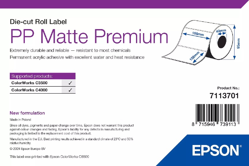 EPSON PP Matte Label Premium, Die-cut Roll, 105mm x 152mm, 185 Labels 7113701 Epson PS
