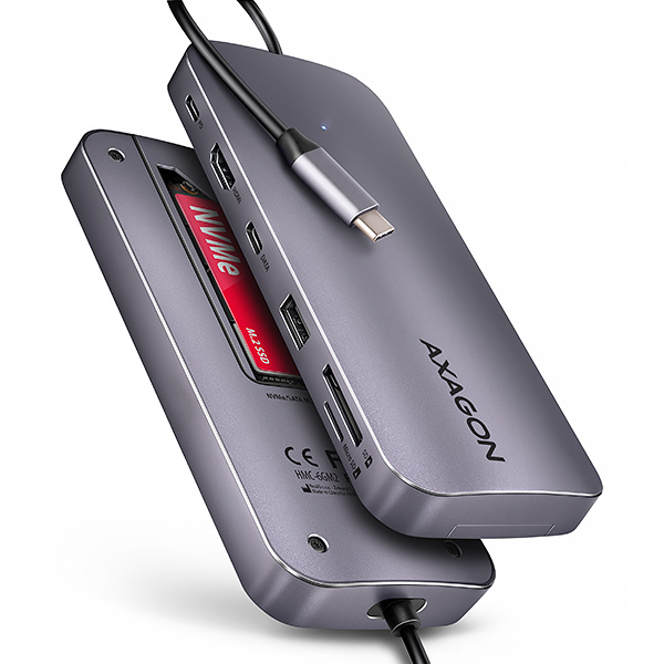 AXAGON HMC-6GM2, USB 10Gbps hub, USB-A, USB-C, HDMI, M.2 slot, SD/MicroSD, PD 100W, kábel USB-C 20cm Axagon