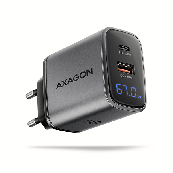 AXAGON ACU-PQ67D, GaN nabíjačka do siete 67W, výstup USB-A+USB-C, PD3.0/PPS/QC4+/SFC2.0/Apple, LCD Axagon