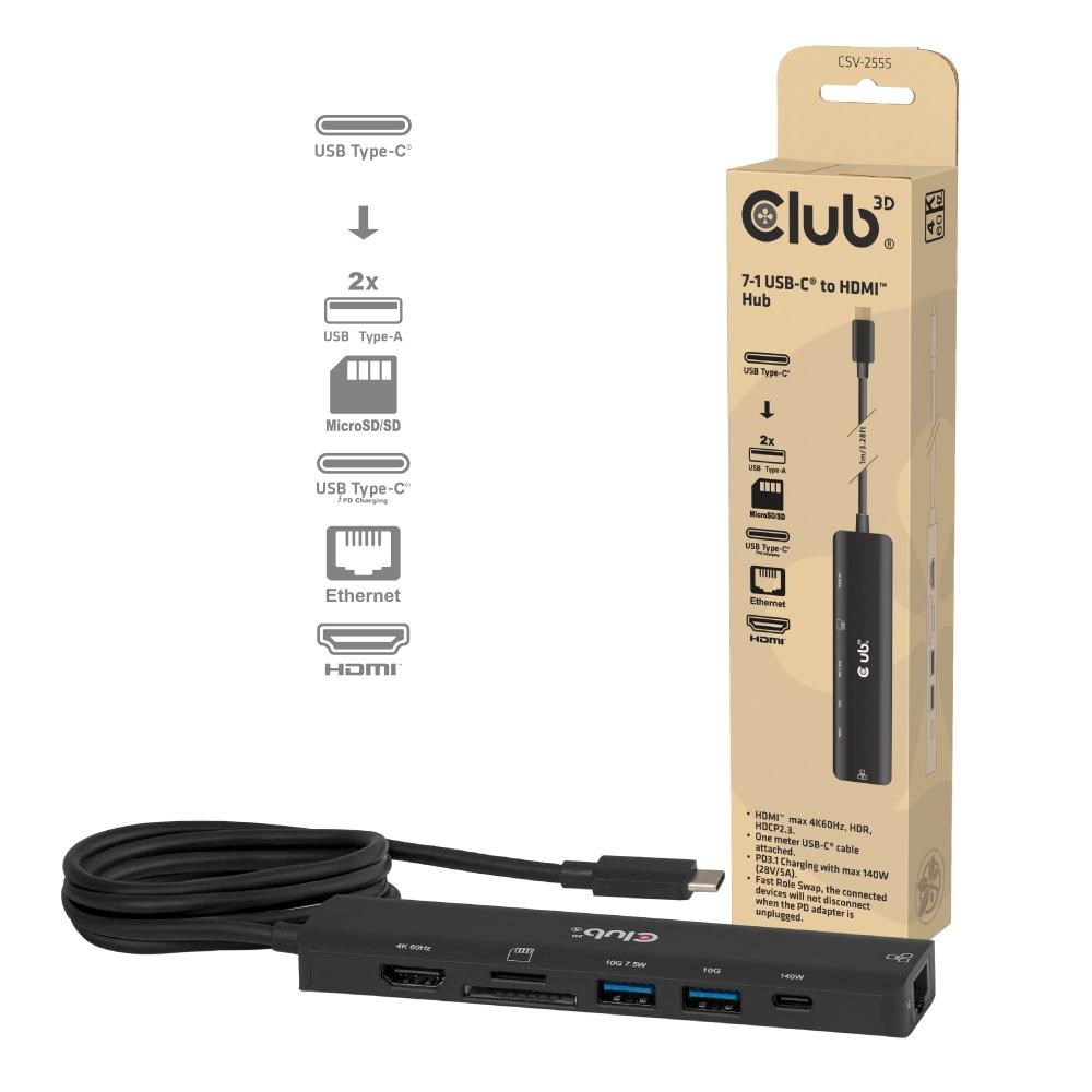 Club3D hub USB-C, 7-in-1 hub s 2x USB, 1xHDMI, 1xUSB-C PD, RJ45, microSD/SD, 140W, 4K60Hz, 1m kabel CSV-2555 Club 3D