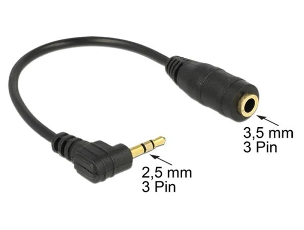 Delock audio stereo kabel 2,5 mm samec pravoúhlý na 3,5 mm samice,3 pin 14 cm 65397 DeLock