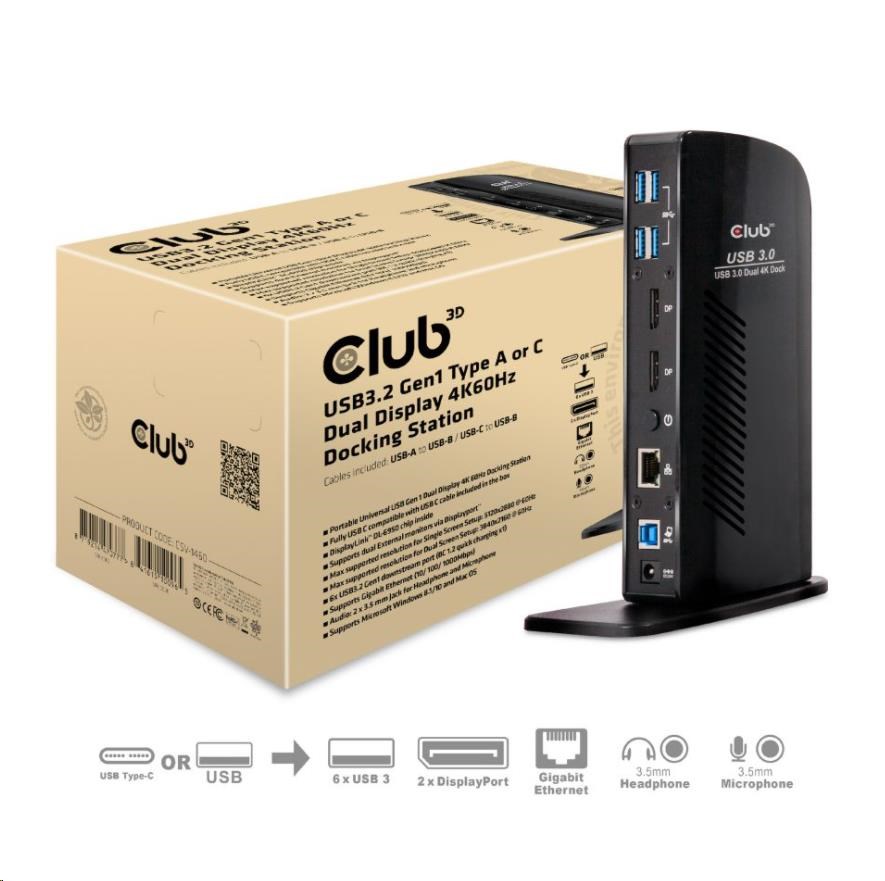 Club3D USB-A a USB-C Dual Display 4K60Hz Dokovacia stanica (6x USB 3.0/2x DP/Ethernet/USB-B/2x audio) CSV-1460 Club 3D