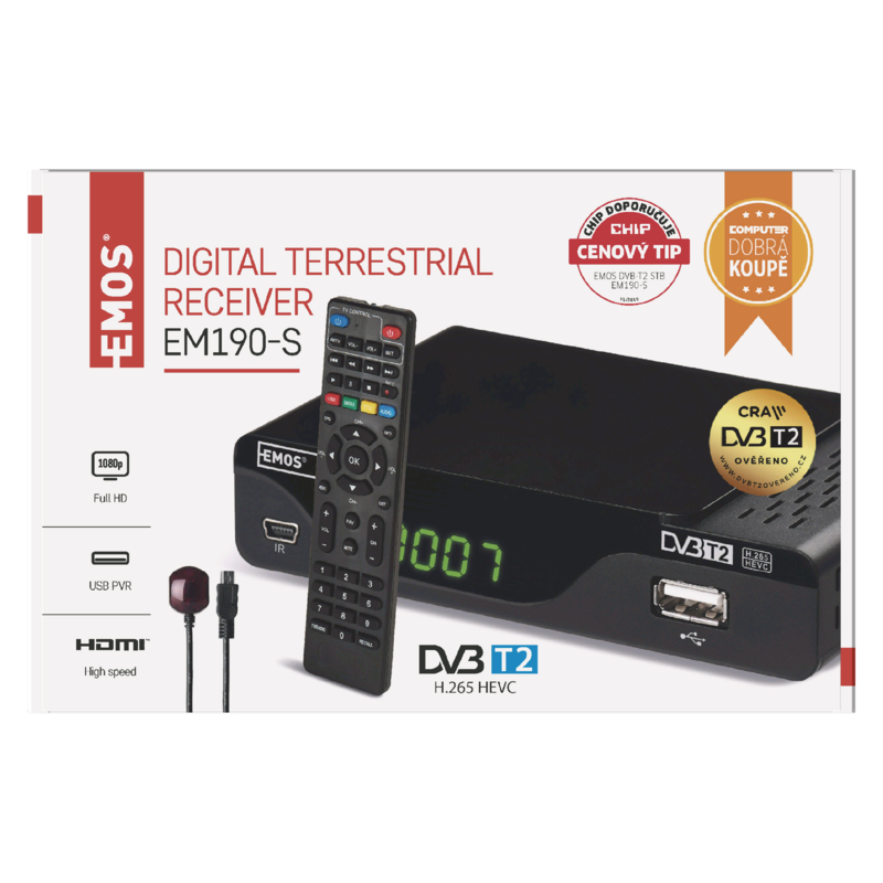 DVB-T2 PŘIJÍMAČ EM 190-S HD (HEVC H265) 2520236400 EMOS