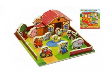 Domeček dřevěná farma Moje první zvířátka 31x31cm 28ks+podložka v krabici MPZ
