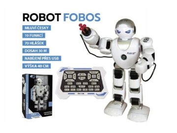 Robot RC FOBOS interaktivní chodící plast 40cm na baterie s USB v krabici 31x44x13cm CZ design