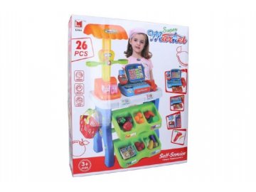 Hrací sada supermarket pokladna 26ks plast 50x87cm na baterie se zvukem se světlem v krabici