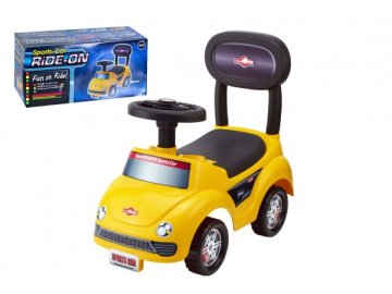 Odrážedlo auto plast žluté výška sedadla 20cm v krabici 48x23,5x22,5cm 12-35m