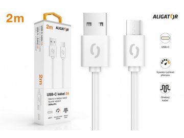 Datový kabel ALIGATOR 2A USB-C 2m, bílý