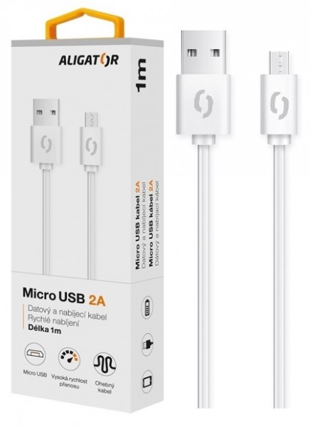 Datový kabel ALIGATOR 2A micro USB 2m, bílý
