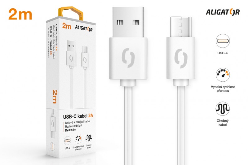 Datový kabel ALIGATOR 2A USB-C 2m, bílý