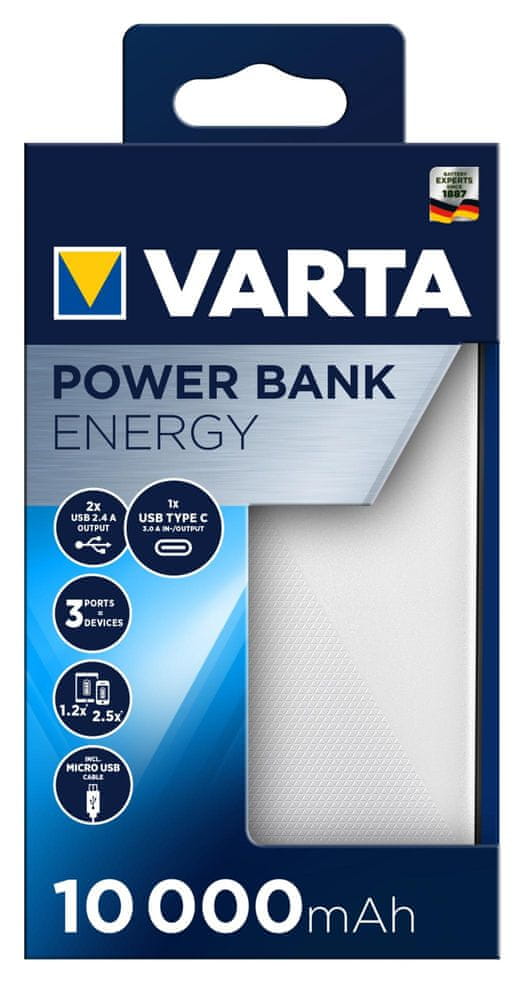 VARTA powerbanka Energy, 10000mAh, USB-C, 2xUSB, 57976