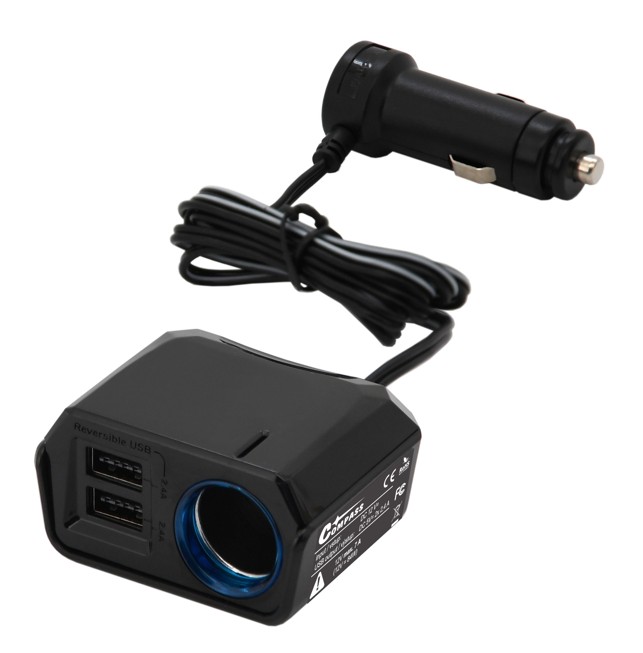 COMPASS Adaptér s kabelem 12V + 2x USB 2400mA SELECT 07432