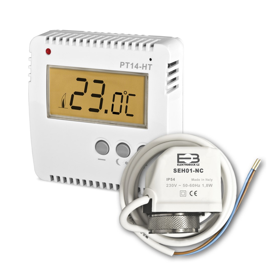 ELEKTROBOCK Sada digitálního termostatu PT14-HT a termoelektrického ventilu SEH 30.23 + ZDARMA 2ks alk.baterií AA