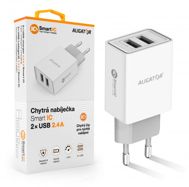 Chytrá síťová nabíječka ALIGATOR 2.4A, 2xUSB, smart IC, bílá