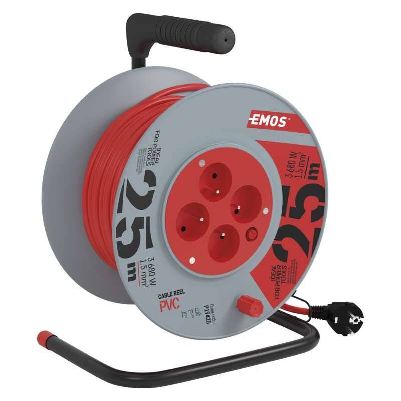 EMOS Prodlužovací kabel na bubnu 25 m / 4 zásuvky / červený / PVC / 230 V / 1,5 mm2-P19425